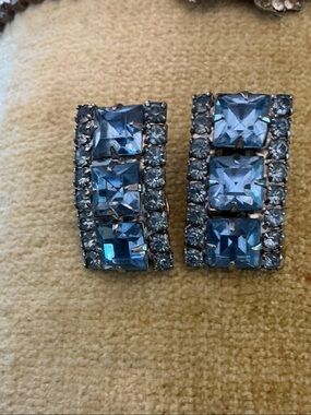 Albert Weiss Blue Crystal Rectangle Clip Earrings, 3 large stones